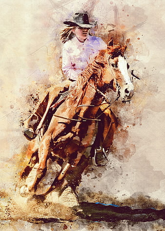 Artistic watercolor painting of a cowgirl riding a horse