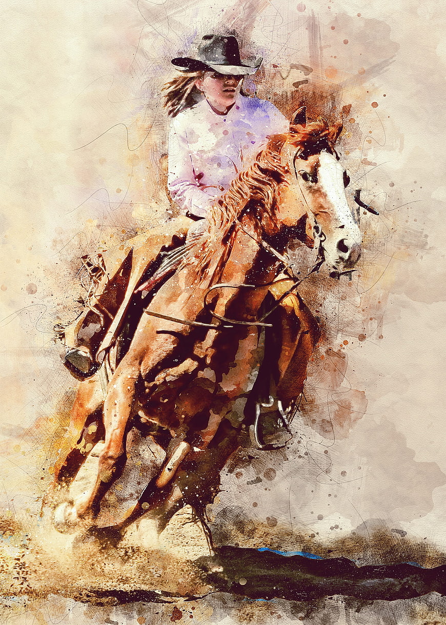 Artistic watercolor painting of a cowgirl riding a horse