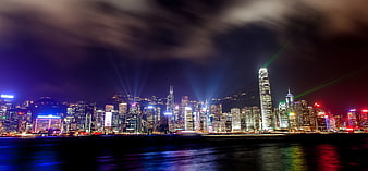 Hong Kong Skyline Night Panorama with Lasers and Reflections