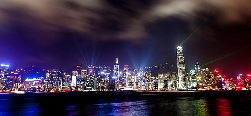 Hong Kong Skyline Night Panorama with Lasers and Reflections