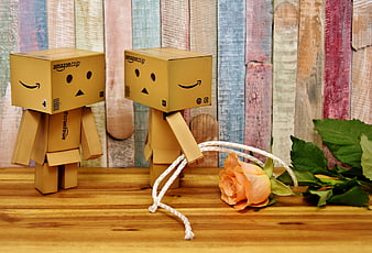 Danbo cardboard figures with rose on wooden table