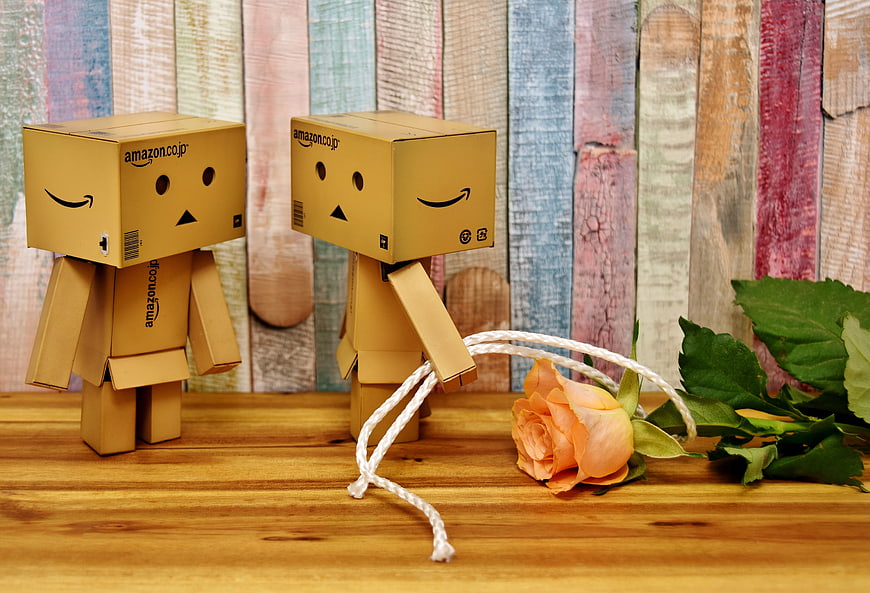 Danbo cardboard figures with rose on wooden table