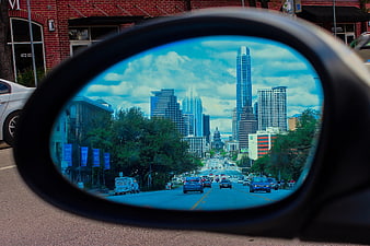 Nashville Skyline Reflected in Car Side Mirror