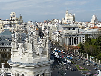Madrid Cityscape with Town Hall and Traffic