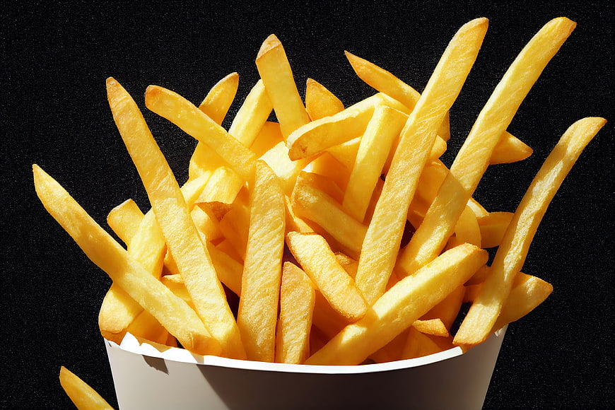 Golden French Fries in White Paper Container on Black Background
