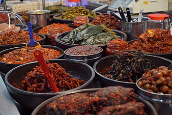 Traditional Korean fermented side dishes and banchan in market bowls