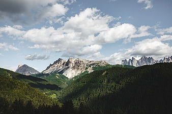 Dramatic Dolomites Mountain Landscape with Forested Valleys