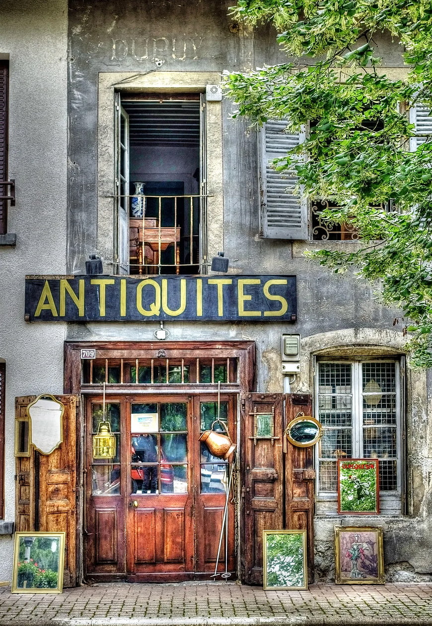 Vintage French Antiques Shop Facade with Signage