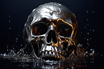 Chrome Skull Emerging from Liquid Water Splash