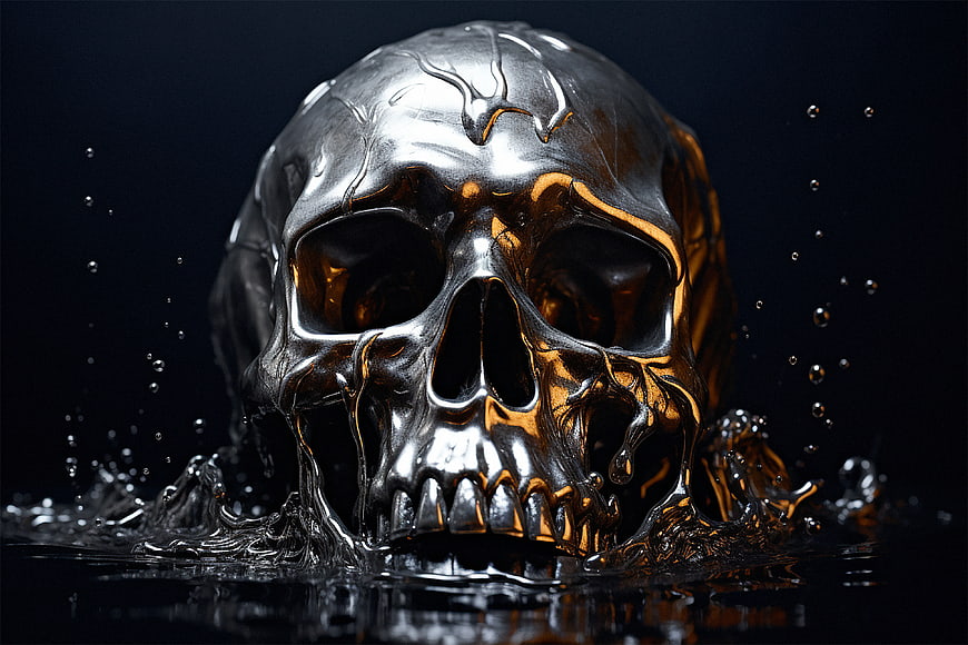 Chrome Skull Emerging from Liquid Water Splash