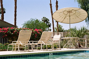 White patio chairs and umbrella by a swimming pool with palm trees