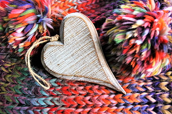 Wooden Heart Ornament on Colorful Knitted Wool Scarf