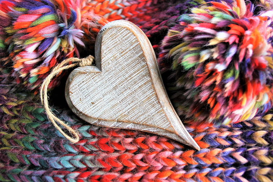 Wooden Heart Ornament on Colorful Knitted Wool Scarf