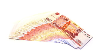Fan of Russian 5000 Ruble Banknotes on White Background