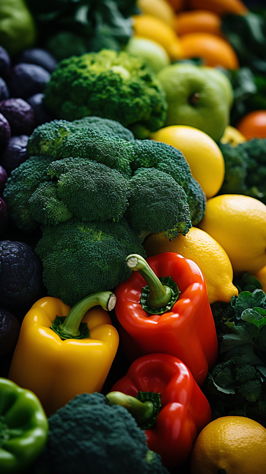 Fresh Broccoli, Bell Peppers, and Lemons Close-Up