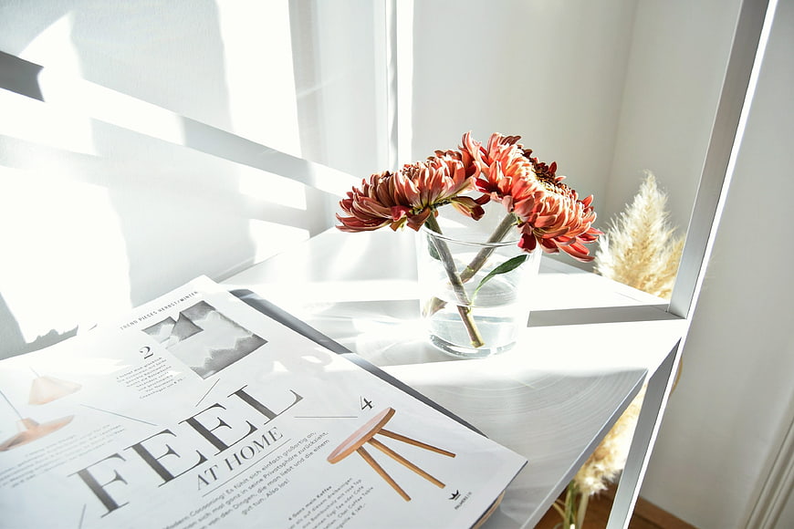 Magazine and flowers on white table with sunlight