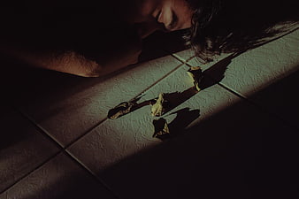 Man Sleeping on Floor with Dried Leaves in Shadows