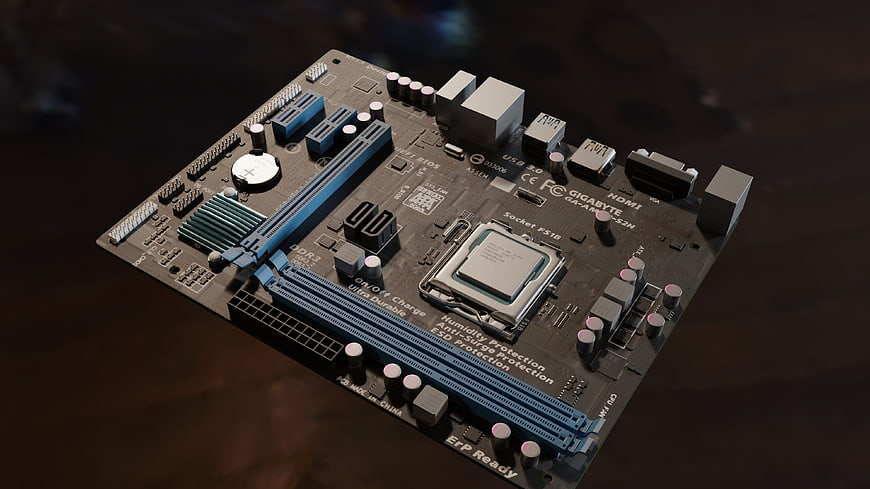 Gigabyte Motherboard With Processor And Blue RAM Slots