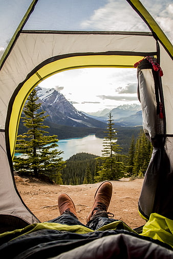 Camping View from Tent with Mountain Lake Scenery