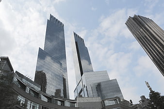Low angle view of modern glass skyscrapers in downtown New York