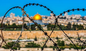 Barbed wire fence framing the golden dome of Jerusalem cityscape