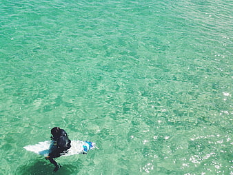 Aerial view of surfer in turquoise ocean water