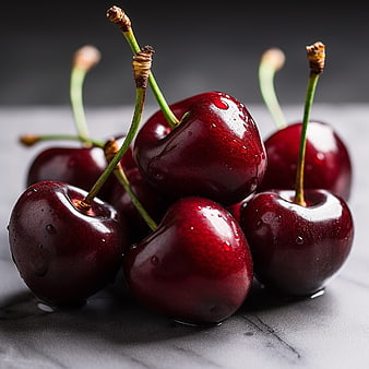 Fresh Juicy Red Cherries with Water Droplets on Dark Surface