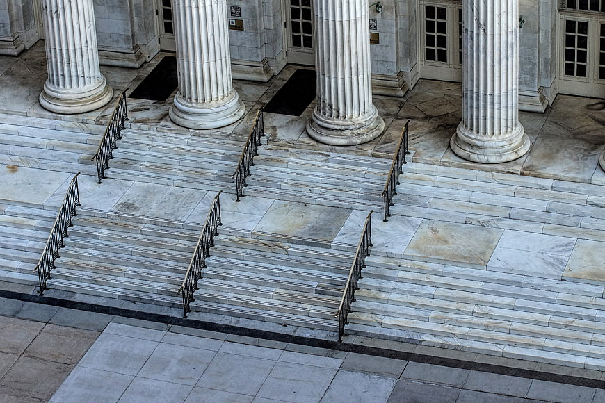 High Angle View of Classical Courthouse Steps and Columns