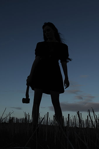 Silhouette of woman holding axe in field at dusk