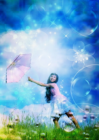 Girl with pink umbrella in magical blue fantasy field