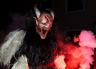 Scary Devil Mask with Horns and Red Smoke