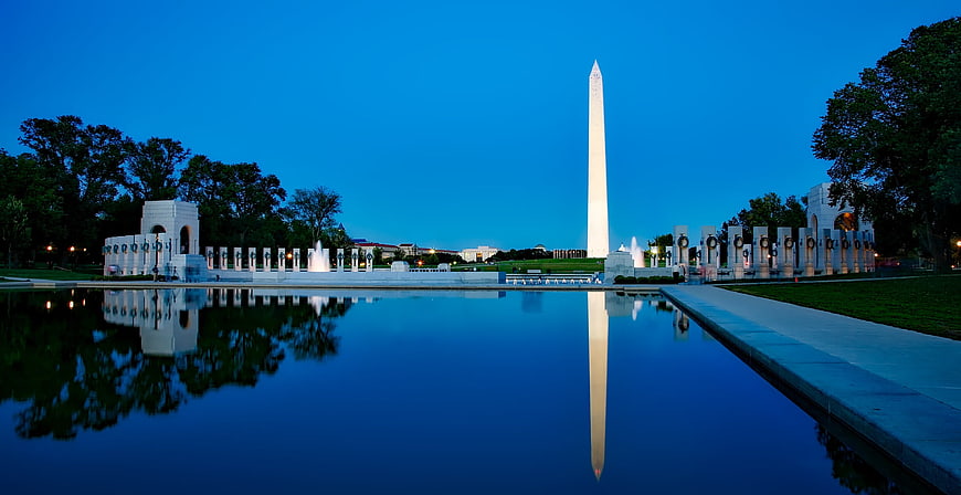 Washington Monument and WWII Memorial Reflection at Dusk