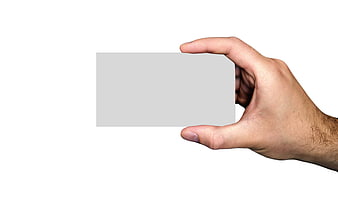 Hand holding blank business card on white background