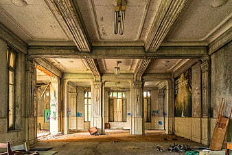 Abandoned Grand Hotel Lobby Interior with Peeling Paint and Decay