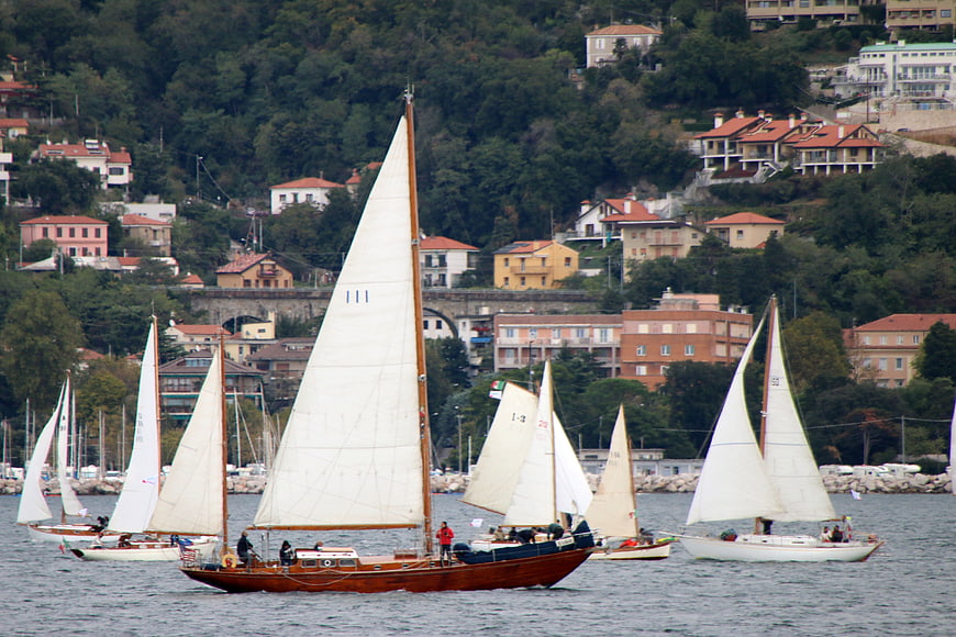 Classic wooden sailboats racing on the sea with coastal town