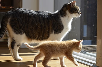 Tabby Cat And Orange Kitten Walking Together By Window