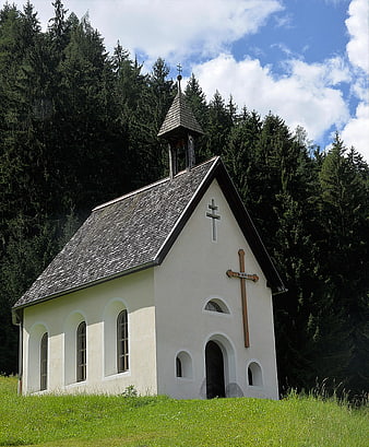 Small white chapel in green meadow with forest background