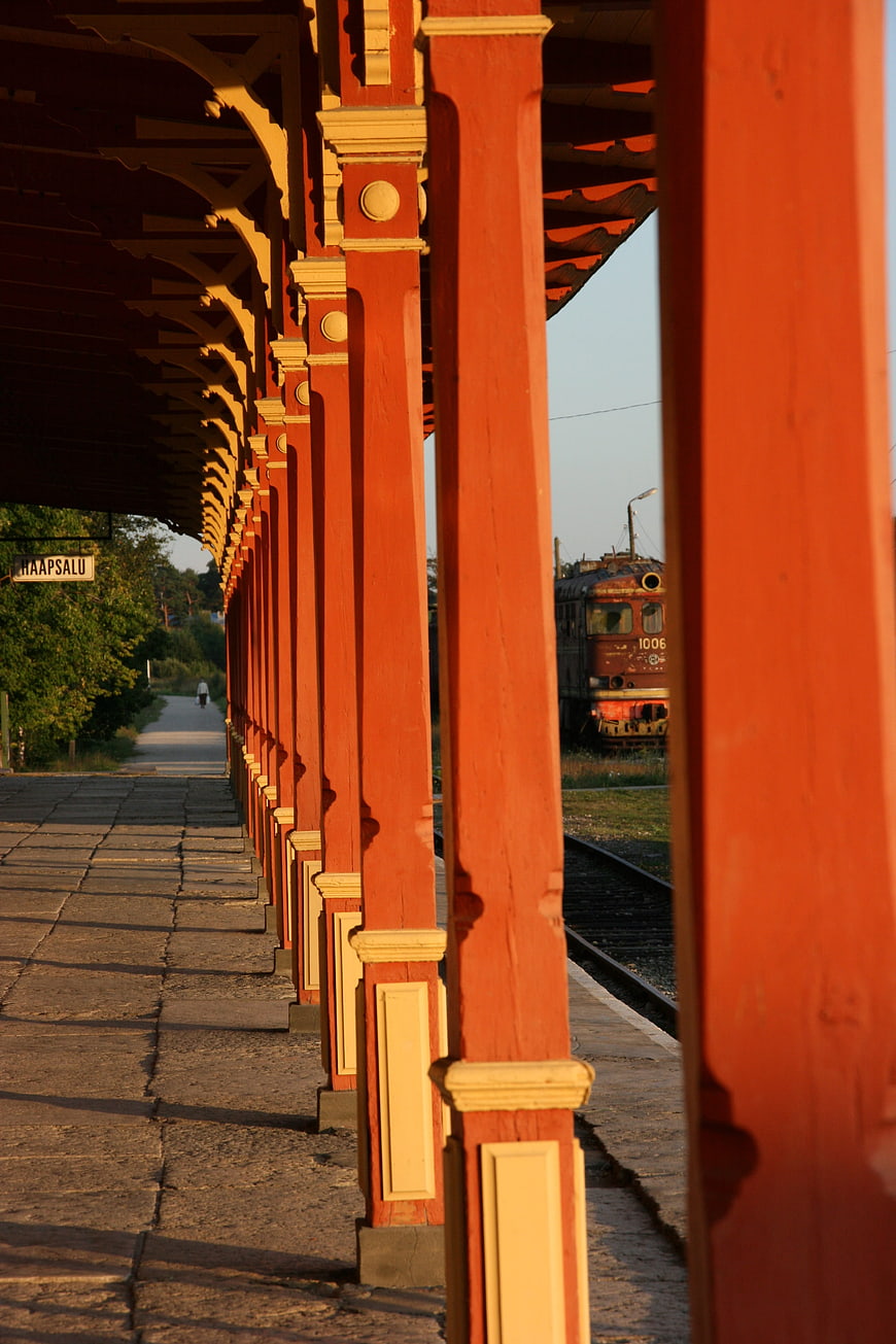 Vintage Haapsalu Train Station Platform with Red Pillars