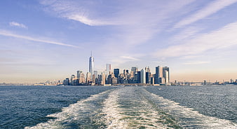 New York City Skyline View from Ferry Wake