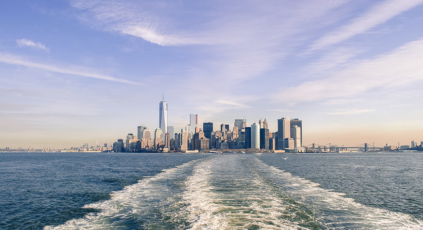New York City Skyline View from Ferry Wake