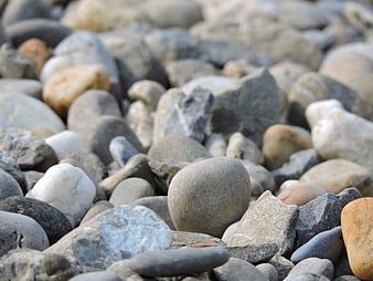 Close-up of smooth river stones on a pebble beach