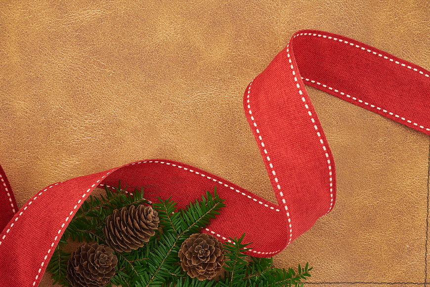 Christmas red ribbon and pine cones on textured background