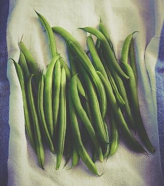 Fresh Green Beans on Striped Linen Cloth