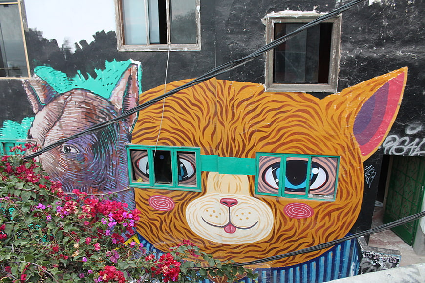 Colorful street art mural of a cat wearing window glasses