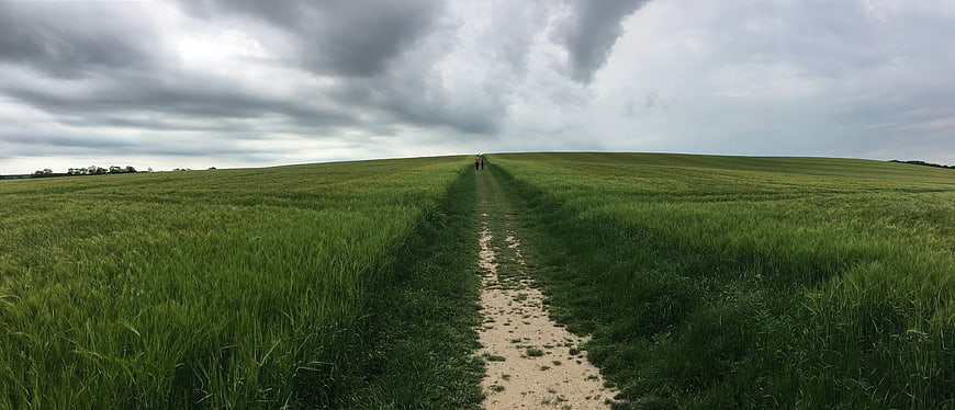 Panoramic view of a dirt path through green fields under cloudy sky