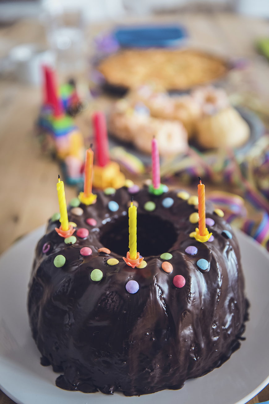 Chocolate Bundt Cake with Birthday Candles and Sprinkles
