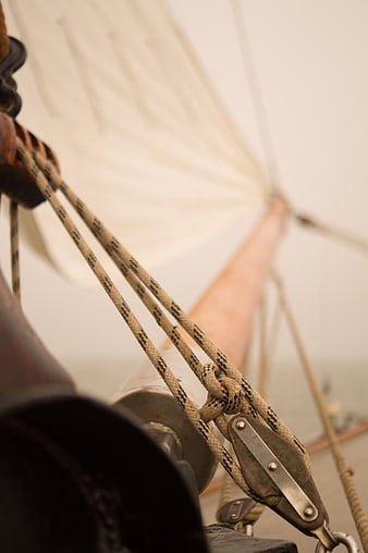 Close-up of sailing ship ropes and pulley mechanism