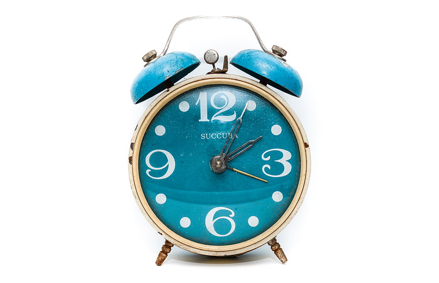 Vintage Blue Retro Alarm Clock on White Background