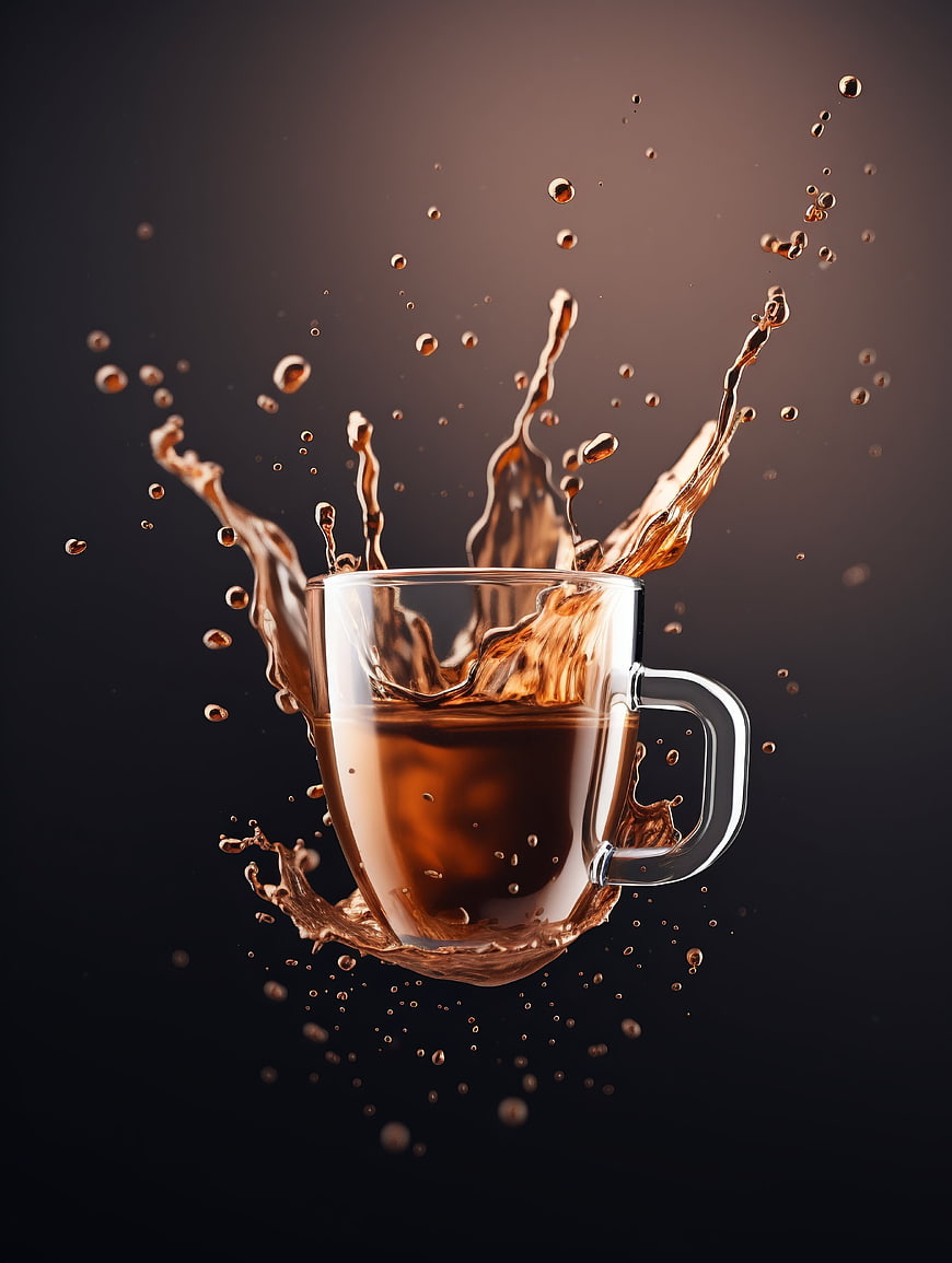 Dynamic Coffee Splash in Glass Cup on Dark Background