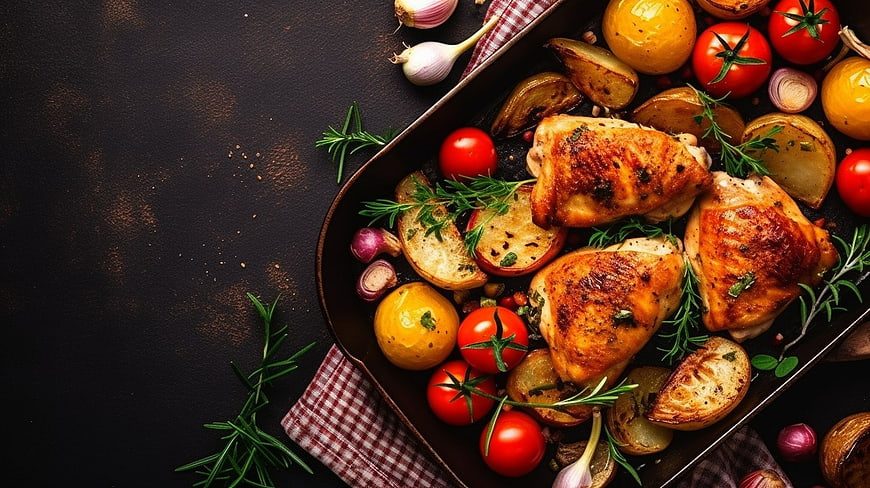 Roasted Chicken Thighs with Potatoes and Tomatoes on Dark Background